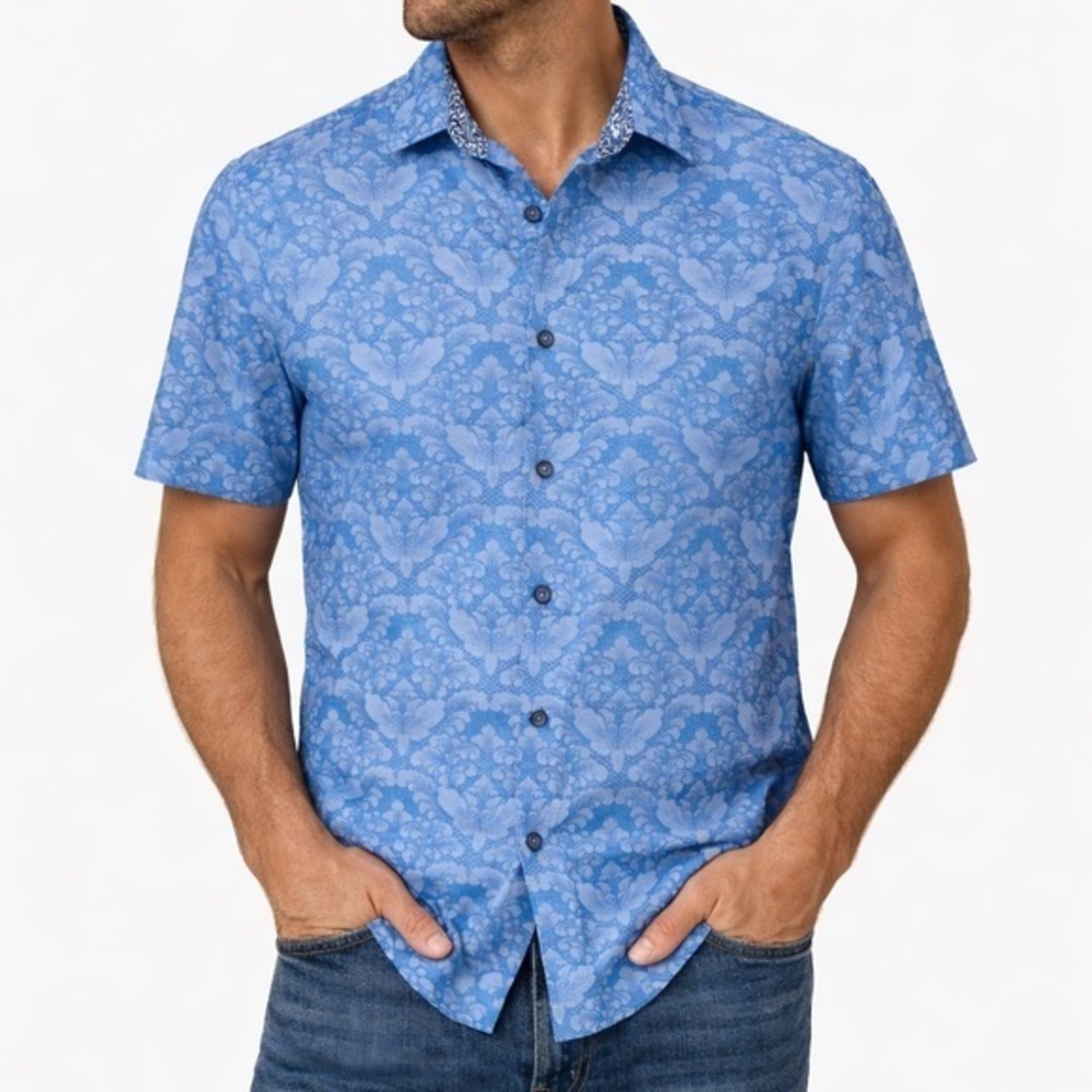 Robert Graham blue damask jacquard button down short sleeve shirt